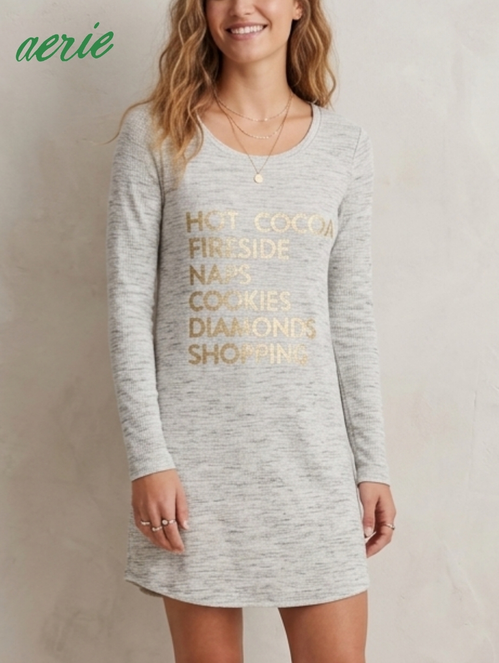 Sz M Aerie Women Waffle Knit Sleep Shirt Heathered Grey Thermal Gold Foil Print